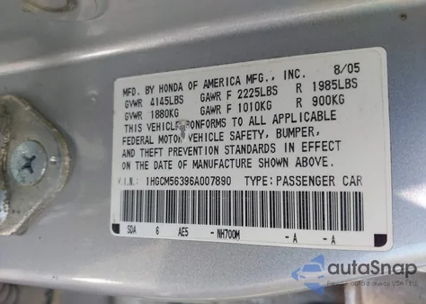 2006 Honda Accord 2.4 Se z USA, uszkodzony, nr VIN 1HGCM56396A007890